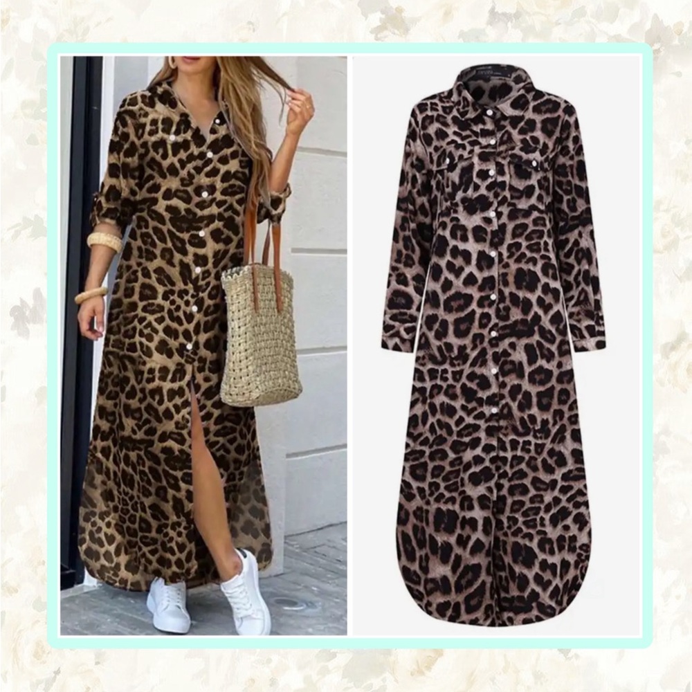 🌺 ANIMAL PRINT DRESS LEOPARD LONG SLEEVE MAXI BUTTON DOWN OPENS UP CHIC CLASSY